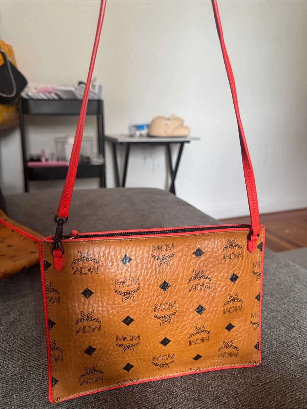 MCM Cognac Visetos Tote with Bright Red Trim and Pouch - Picture 2 of 11